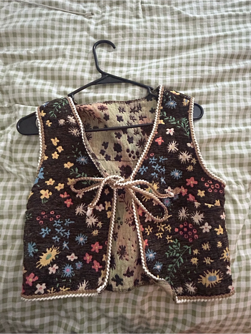 Handmade Floral Embroidered Crochet Vest - Multicolor on Dark Brown